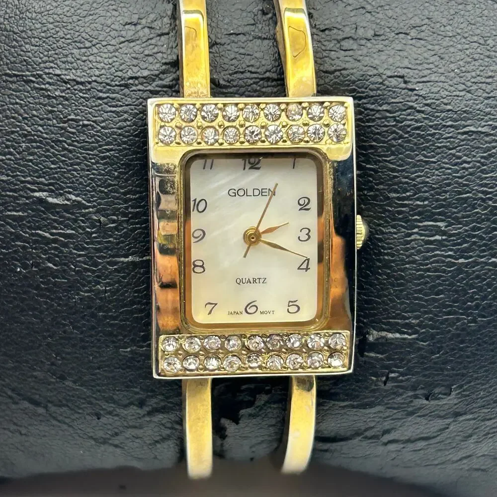 Vintage Golden Gold-tone Mother Pearl Bangle Quartz Watch Working New Battery